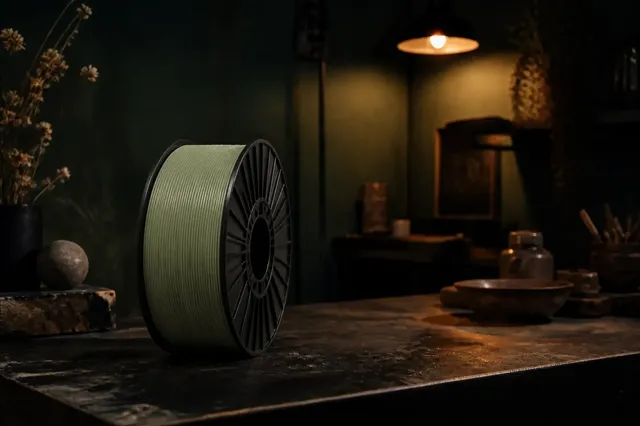 A spool of sage-green plant-based filament on the studio bench