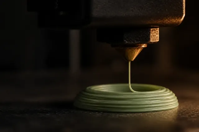 A print nozzle laying the first spiral layers of a vase