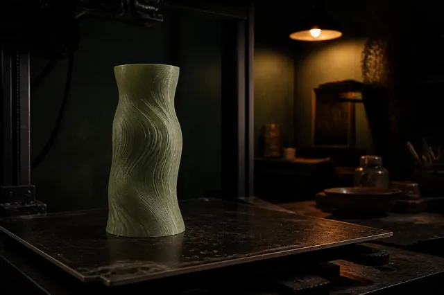 A half-finished vase standing on the print bed, layer lines catching the lamp