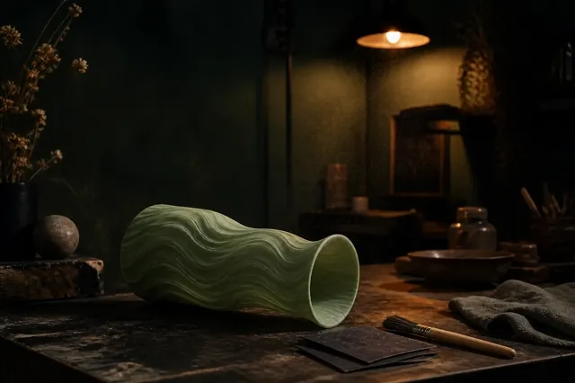 A finished vase resting beside sanding paper and a brush, dust in the lamplight