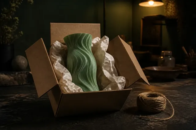 A vase nested in tissue paper inside an open kraft box