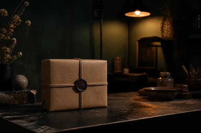 A closed kraft parcel tied with twine and closed with a wax seal