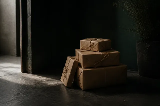 A stack of kraft parcels waiting by the studio doorway in morning light